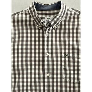 Lacoste Sz 40/M Classic Fit Button Down Shirt Gray Check Logo Casual Preppy